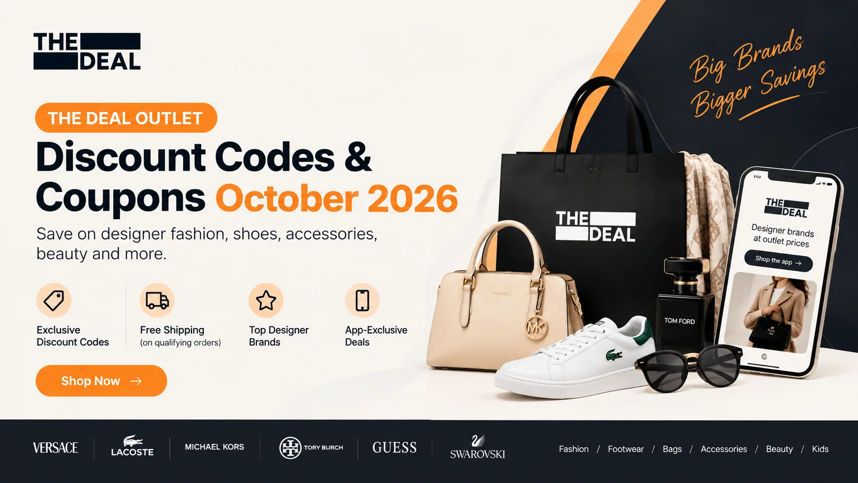 The Deal Outlet discount codes and coupons October 2026 banner featuring designer fashion, shoes, handbags, accessories, beauty products, and exclusive savings.