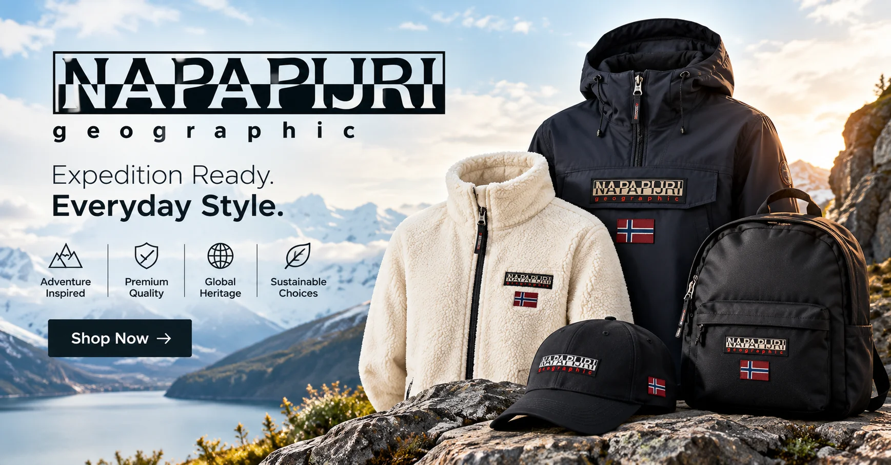 Napapijri outdoor-inspired clothing including jackets, Rainforest anoraks, fleece tops, hoodies, footwear, backpacks and travel bags