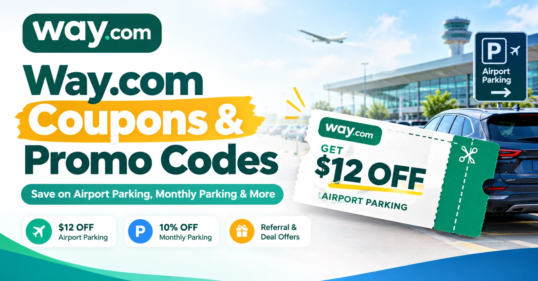 Way.com auto super app showing airport parking, city parking, and car wash options