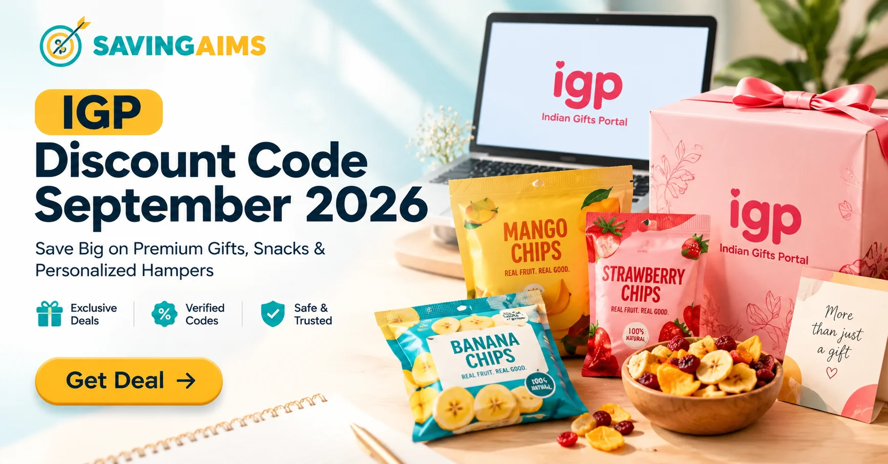 IGP gift hampers, flowers, and cakes displayed on the SavingAims IGP discount code coupon page