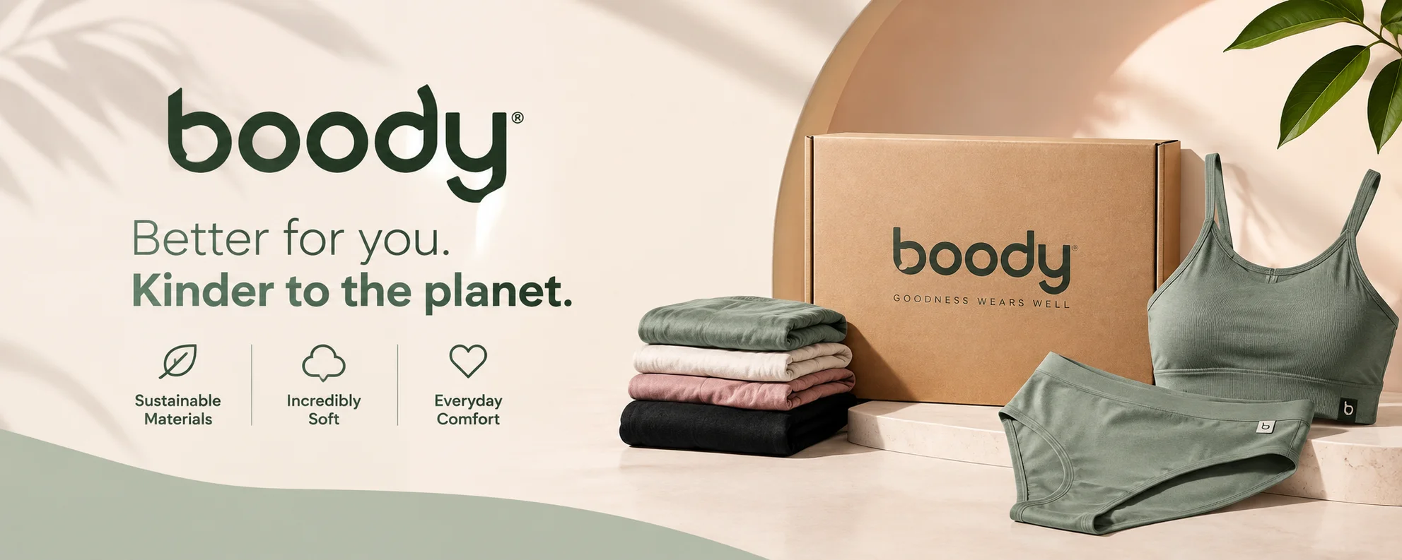 Boody bamboo clothing including women's and men's underwear, bras, socks, loungewear, sleepwear and babywear