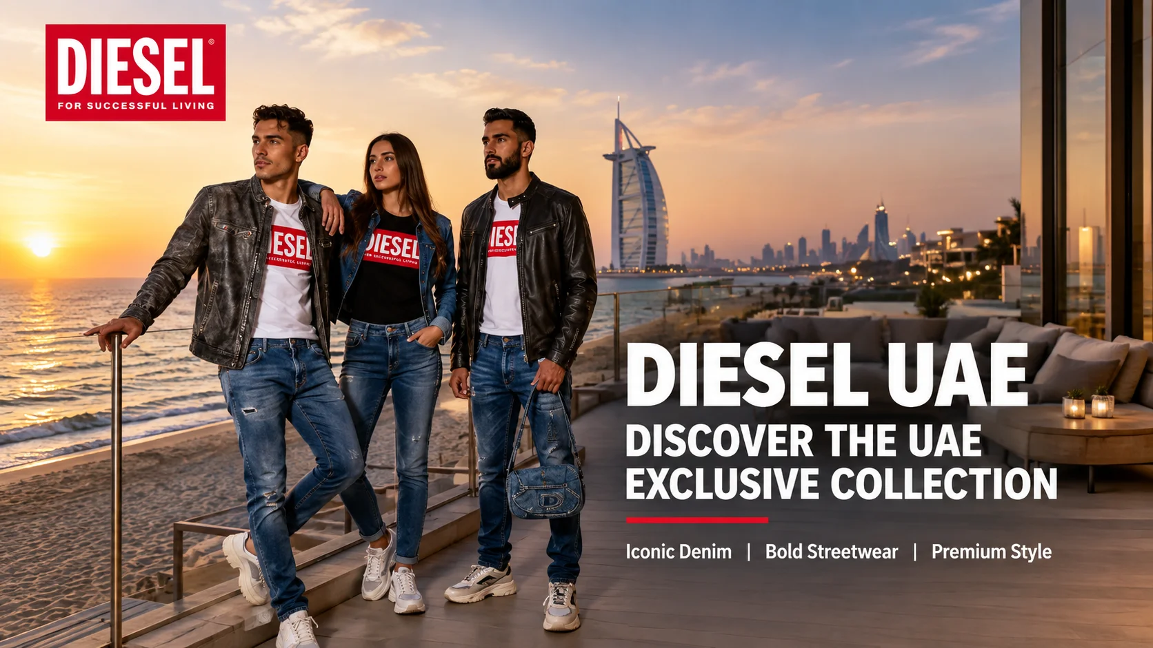 Diesel UAE store banner showing models wearing Diesel denim and leather jackets with Dubai skyline in the background, promoting a 15% discount code