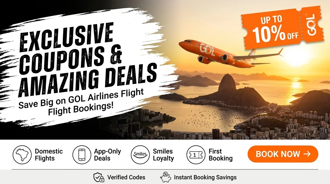 Screenshot of GOL Airlines WEB and App discount codes page, showing coupon codes and deals for flight bookings across South America.