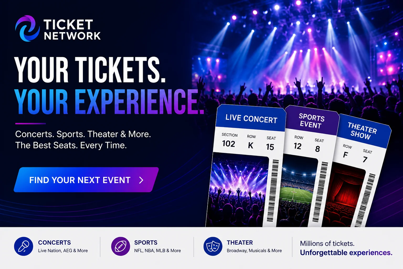 TicketNetwork online ticket marketplace offering concert, sports, theatre, comedy, and live event tickets with secure ticket purchasing and exclusive entertainment deals.
