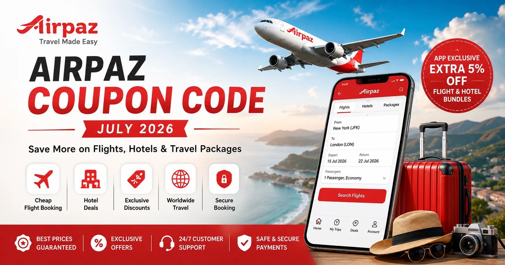 Airpaz Coupon Code July 2026 featured banner showcasing flight booking discounts, hotel deals, travel packages, and exclusive Airpaz promo offers for affordable travel.