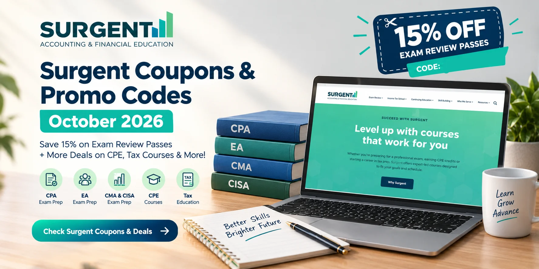 Surgent coupons and promo codes October 2026 with 15% off exam review deals