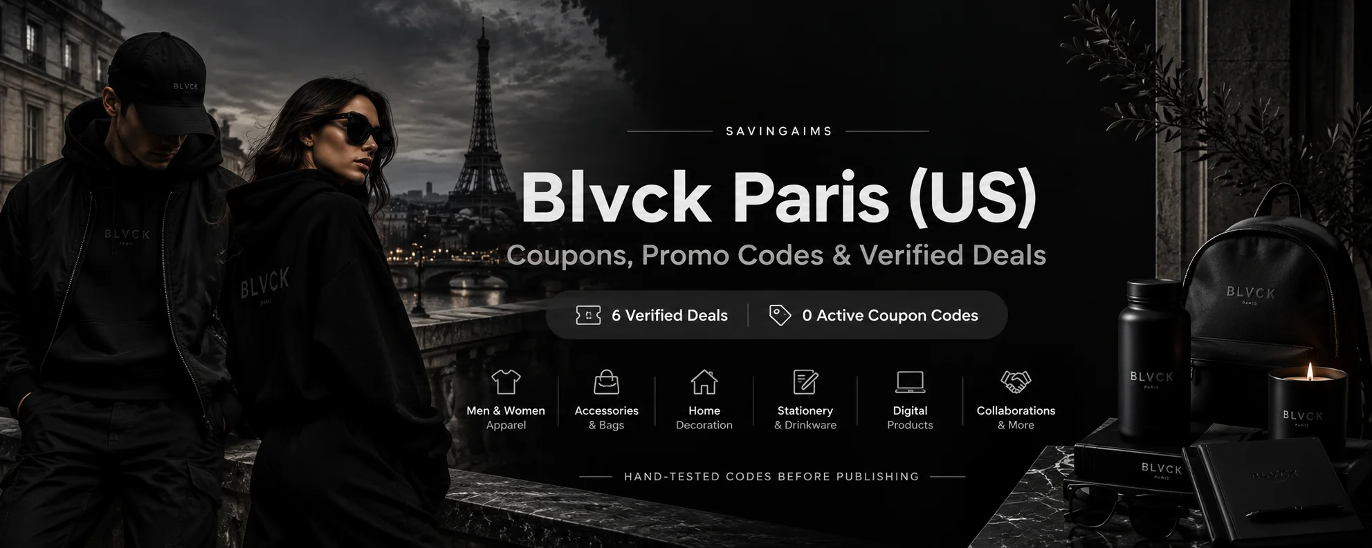 SavingAims discount codes and deals page for Blvck Paris US offering promo coupons and minimalist fashion deals