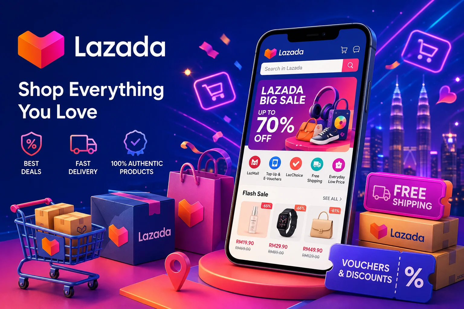 Lazada Malaysia online marketplace offering electronics, fashion, beauty products, home essentials, groceries, and daily shopping deals with secure checkout and fast delivery.