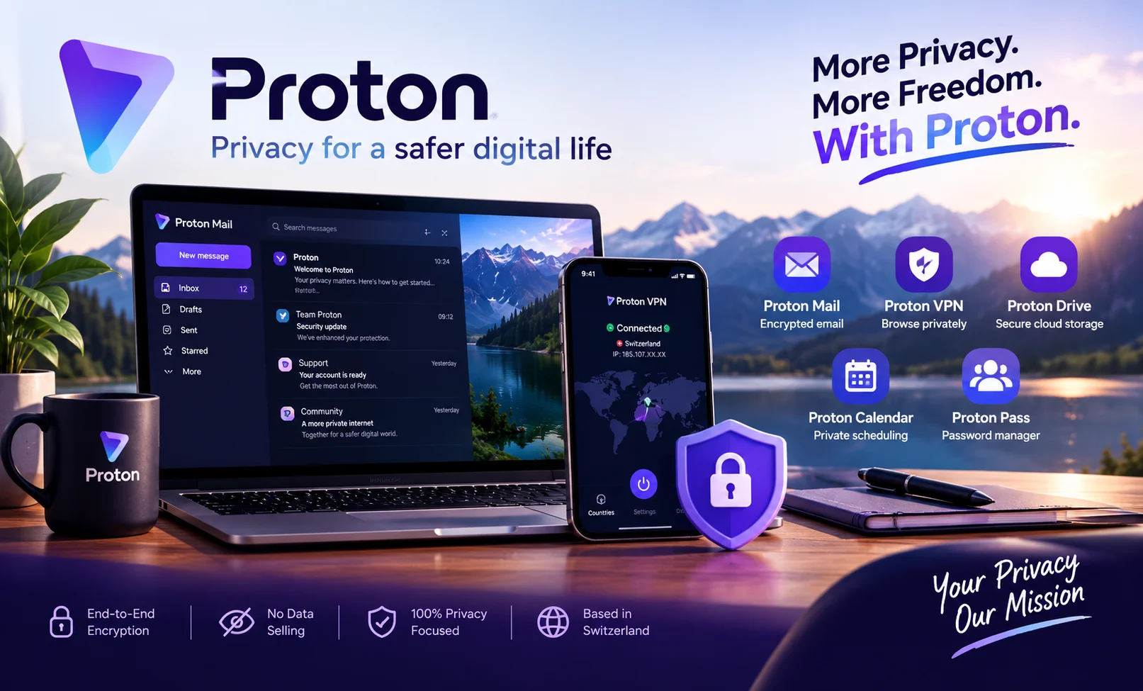 Proton privacy and security tools including Proton VPN, encrypted email, cloud storage and password manager