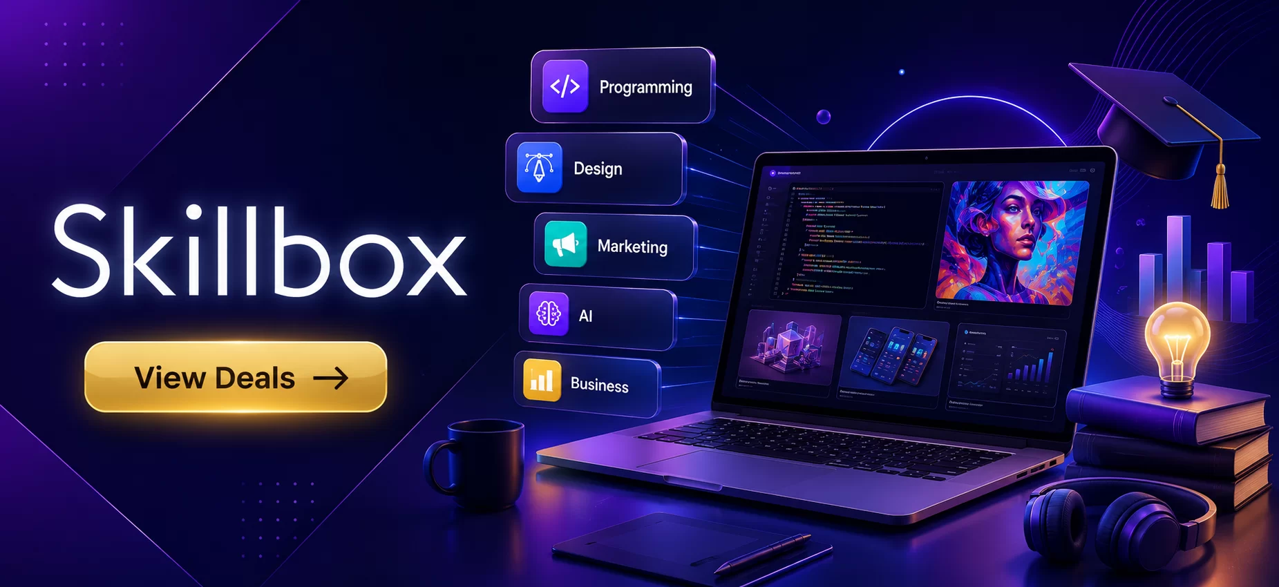 Skillbox online learning platform offering programming, AI, design, marketing, and business courses.