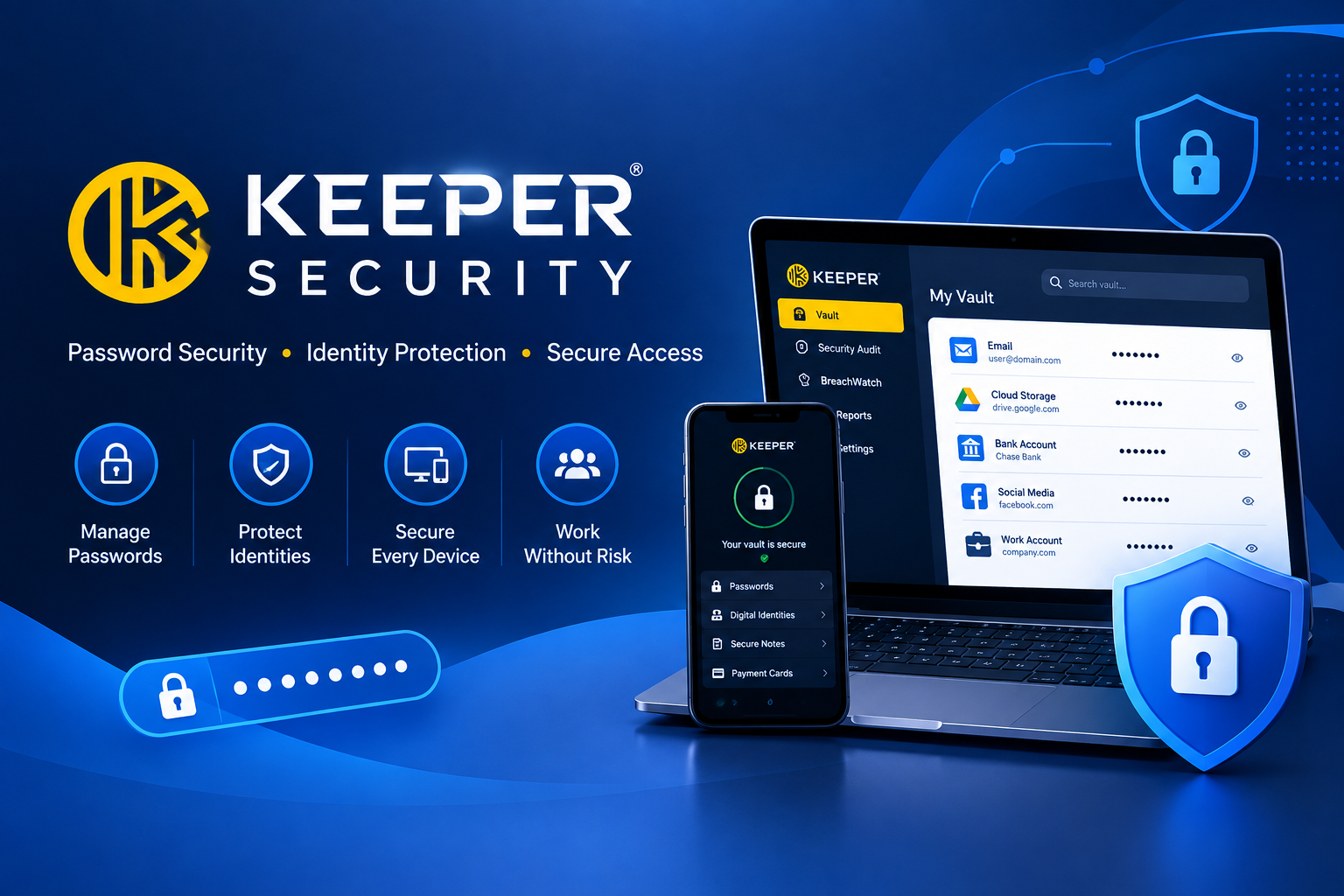 Keeper Security password manager with encrypted vault, passkey and cybersecurity features