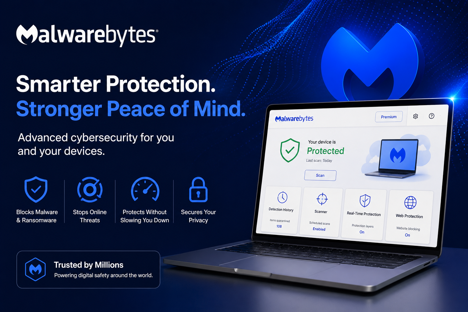 Malwarebytes antivirus and cybersecurity protection software for malware, ransomware, privacy, and online security