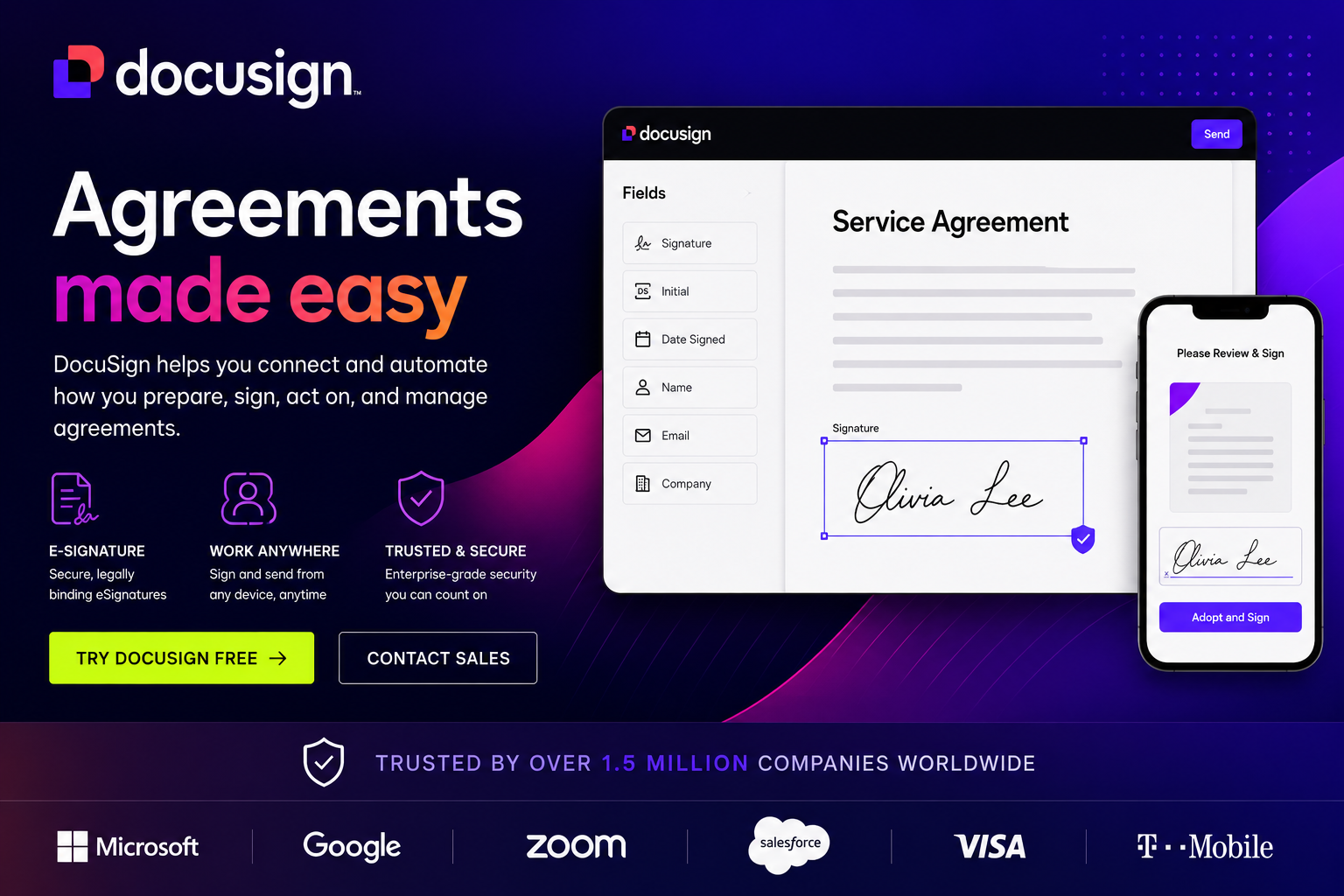 DocuSign electronic signature and agreement management platform for signing, managing, and automating business documents.