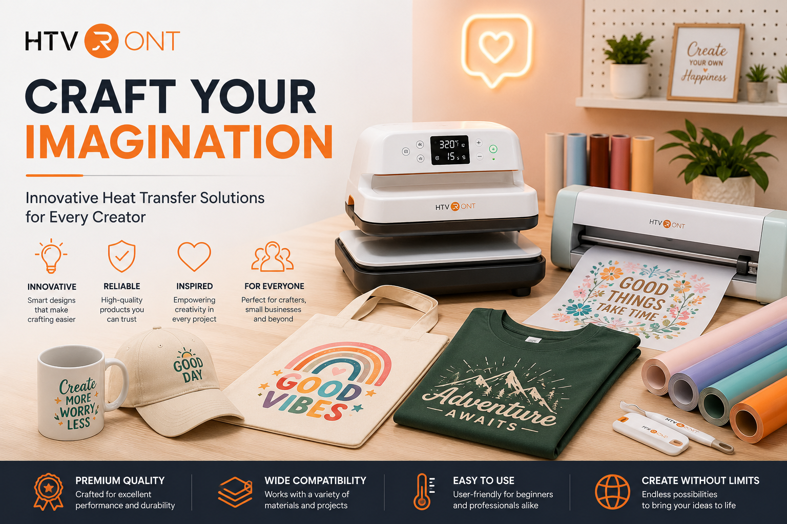 HTVRONT crafting equipment featuring heat press machines, DTF printers, laser engravers, heat transfer vinyl, sublimation supplies, and professional DIY tools for custom printing and creative projects.