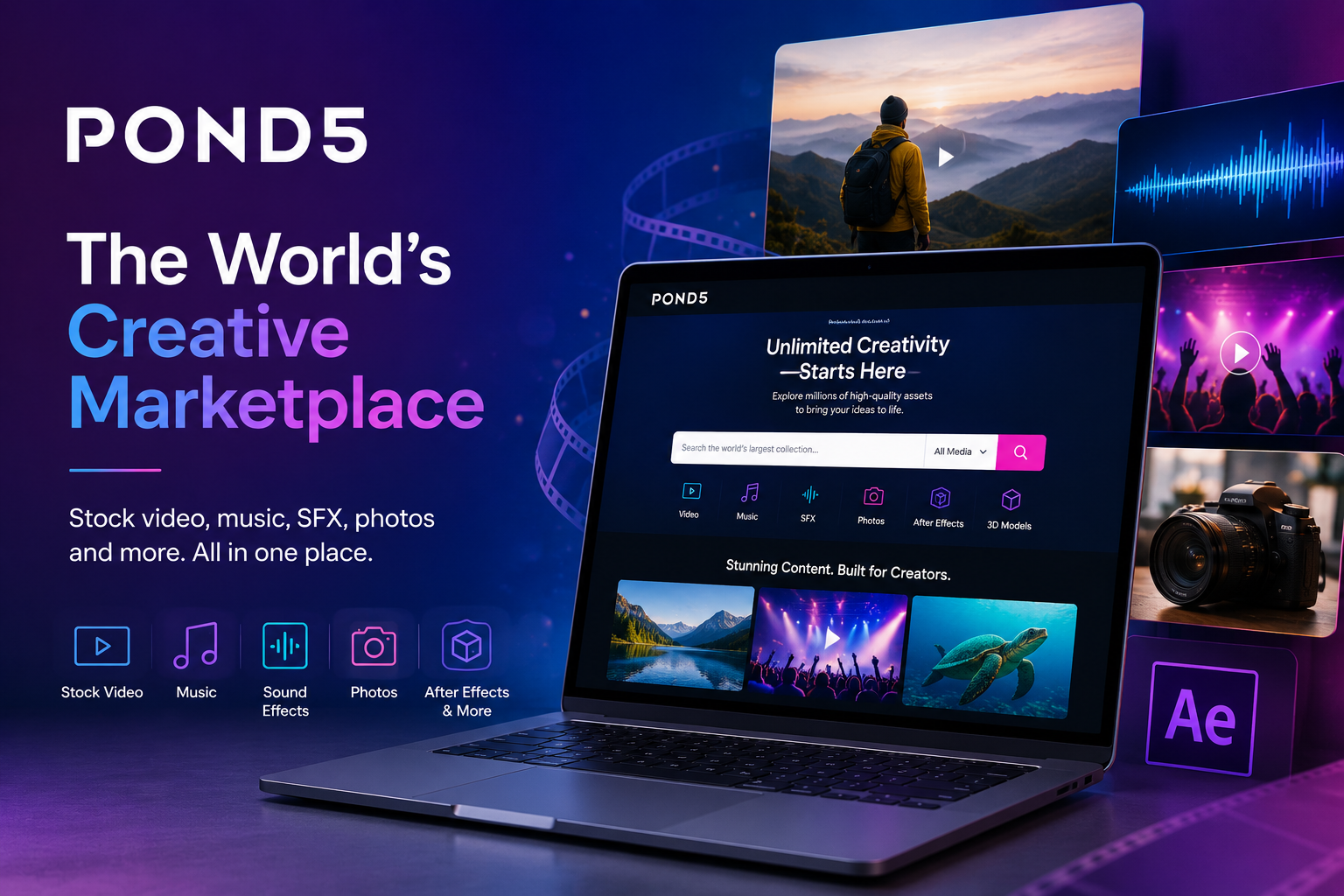 Pond5 creative media marketplace featuring royalty-free stock videos, music, sound effects, photos, illustrations, After Effects templates, and other digital assets.