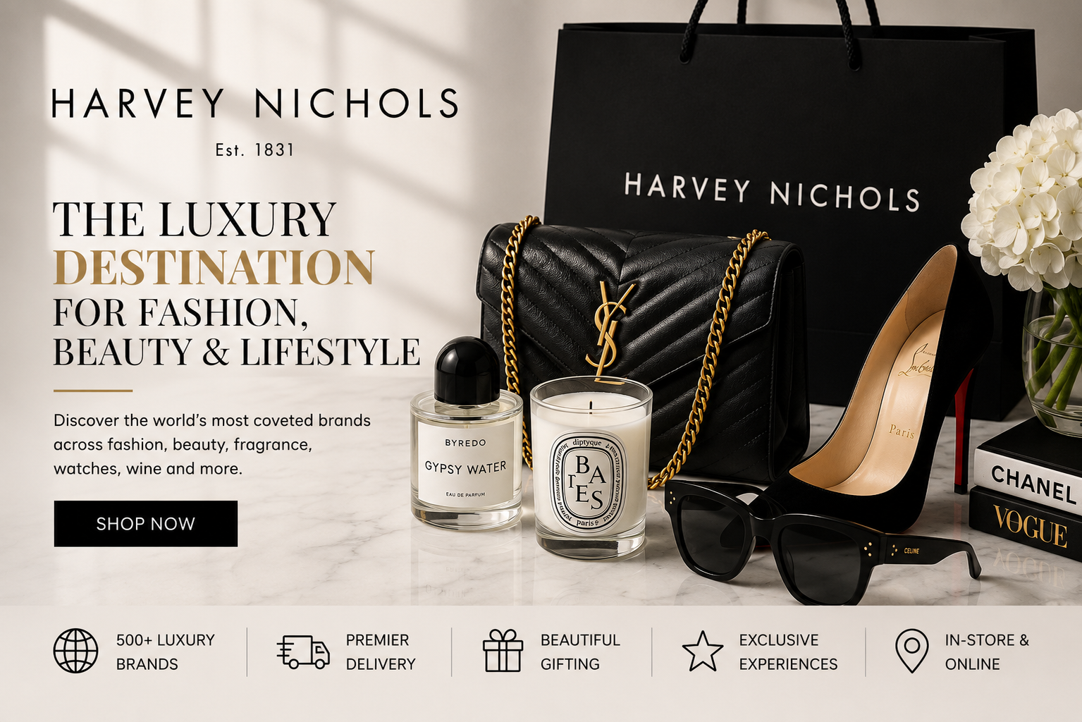 Harvey Nichols luxury department store featuring designer fashion, premium beauty products, handbags, footwear, accessories, fragrances, and exclusive collections from leading luxury brands.