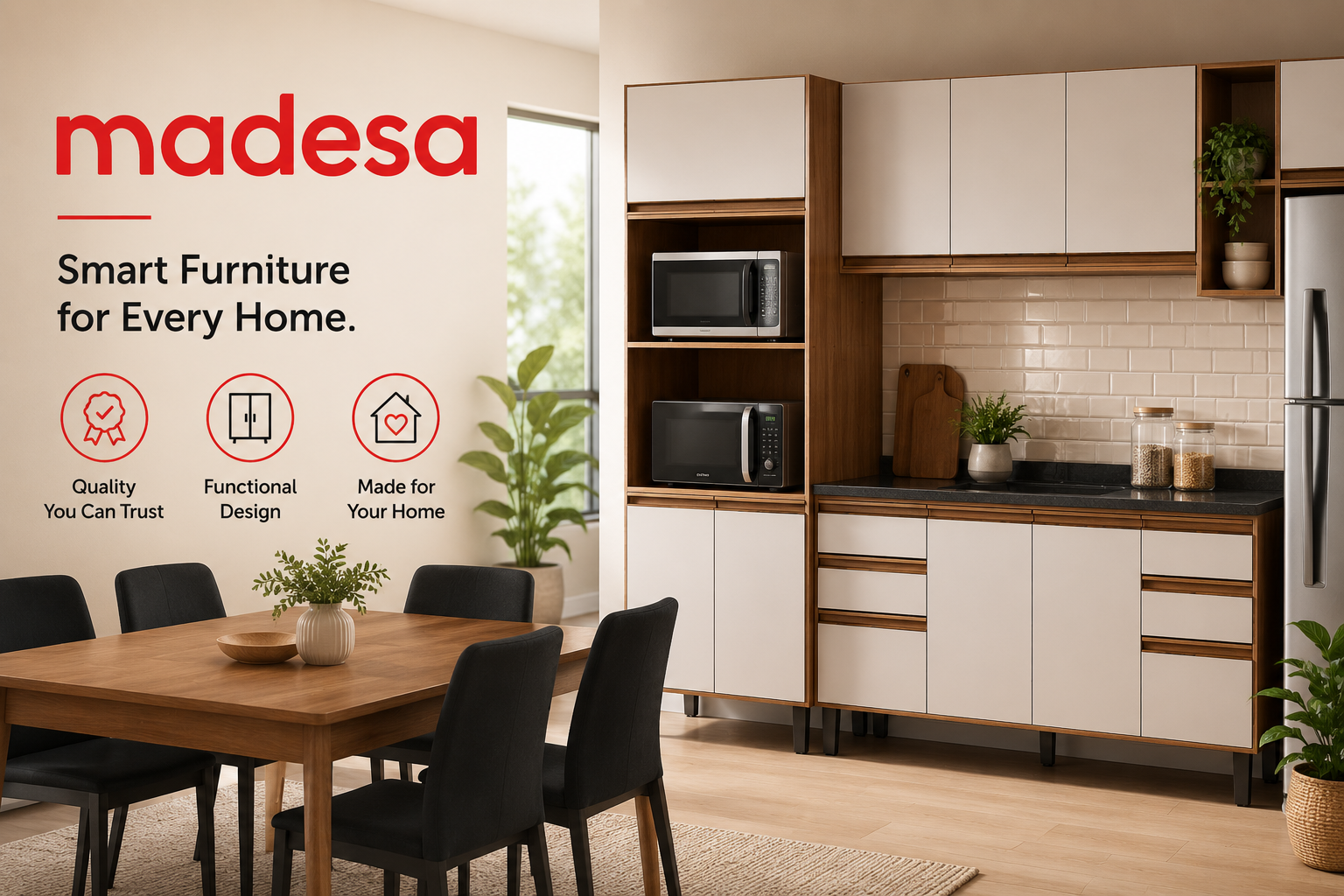 Madesa online furniture store featuring kitchen cabinets, wardrobes, bedroom furniture, dining sets, living room furniture, office furniture, and home furnishings.