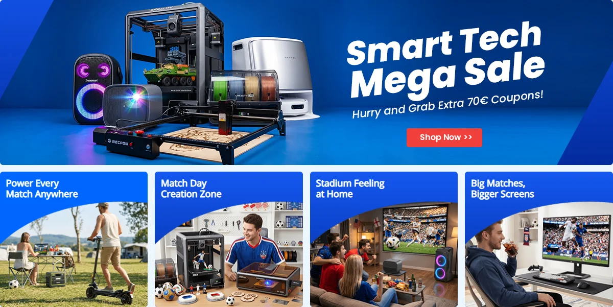Geekbuying online electronics store featuring smart home devices, e-bikes, 3D printers, portable power stations, and innovative tech gadgets.