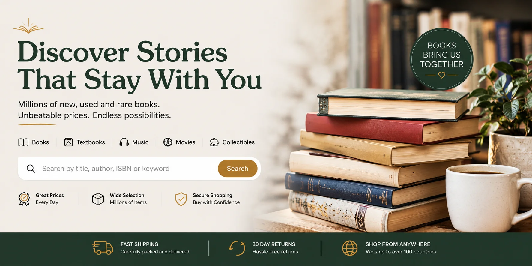 Discover a world of books, music, and movies while saving big with independent seller deals.