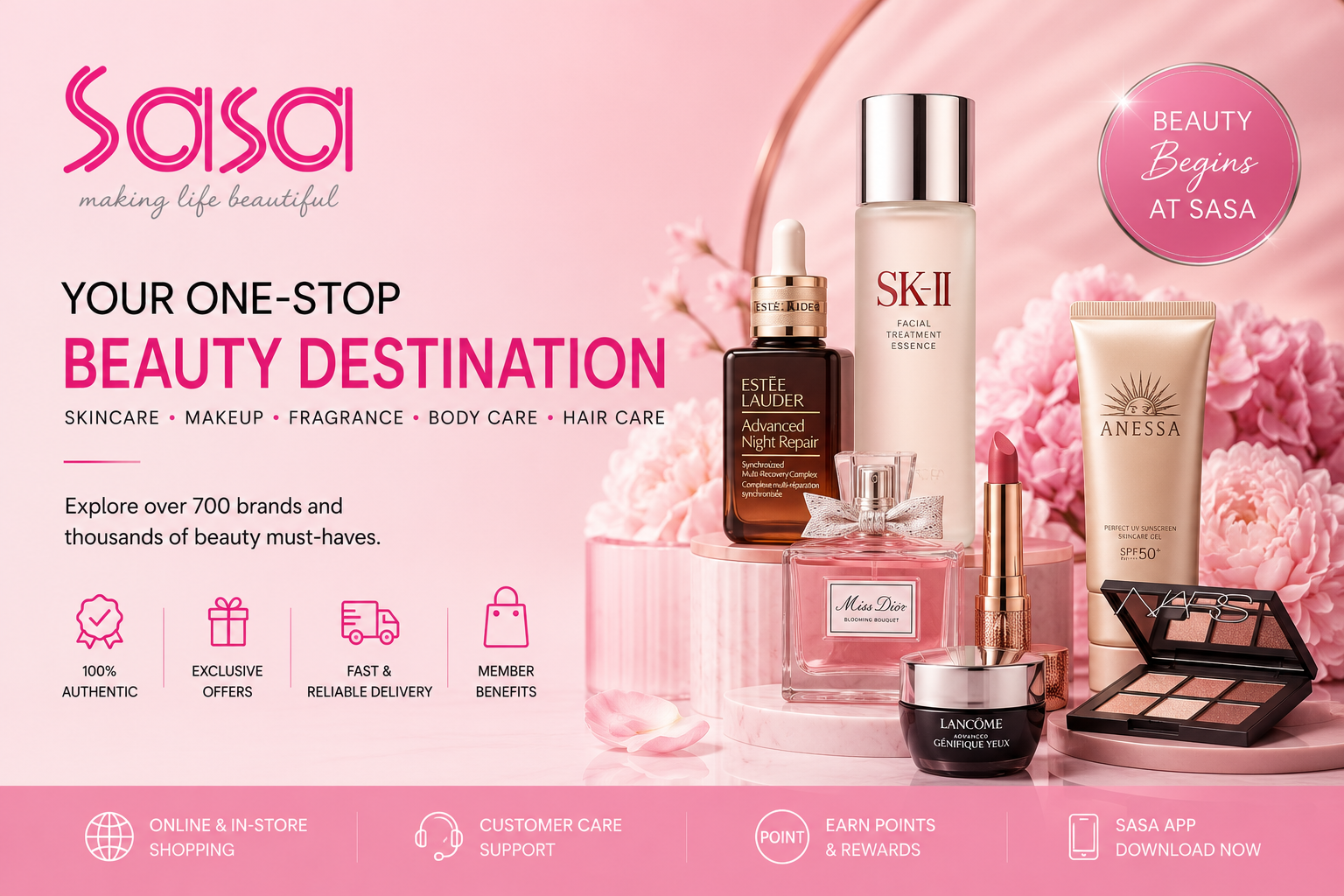 Sa Sa beauty store featuring skincare products, cosmetics, fragrances, hair care, beauty gadgets, and premium beauty brands.