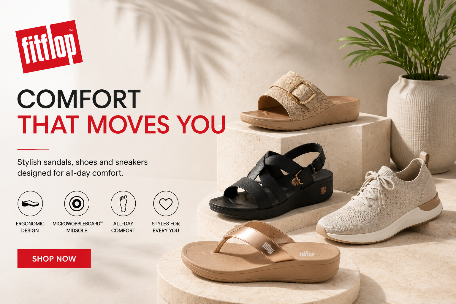 FitFlop comfort footwear collection featuring ergonomic sandals, sneakers, boots, clogs, and supportive shoes for men and women.