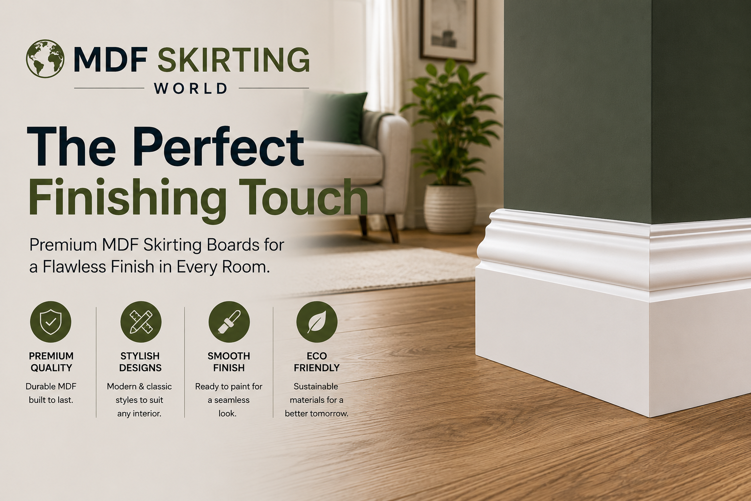 MDF Skirting World collection featuring premium skirting boards, architraves, wall panelling, window boards, interior mouldings, and home renovation products for modern and traditional interiors.