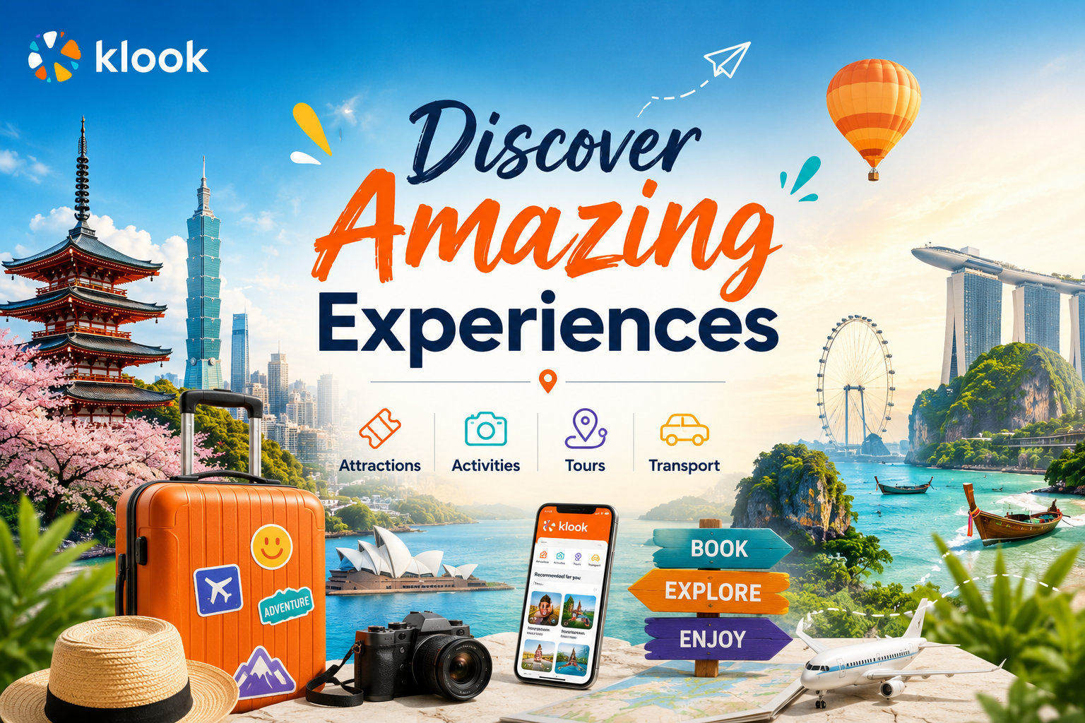 Klook travel booking platform featuring tours, attraction tickets, hotels, airport transfers, rail passes, eSIMs, theme park tickets, local experiences, and travel activities across destinations worldwide.