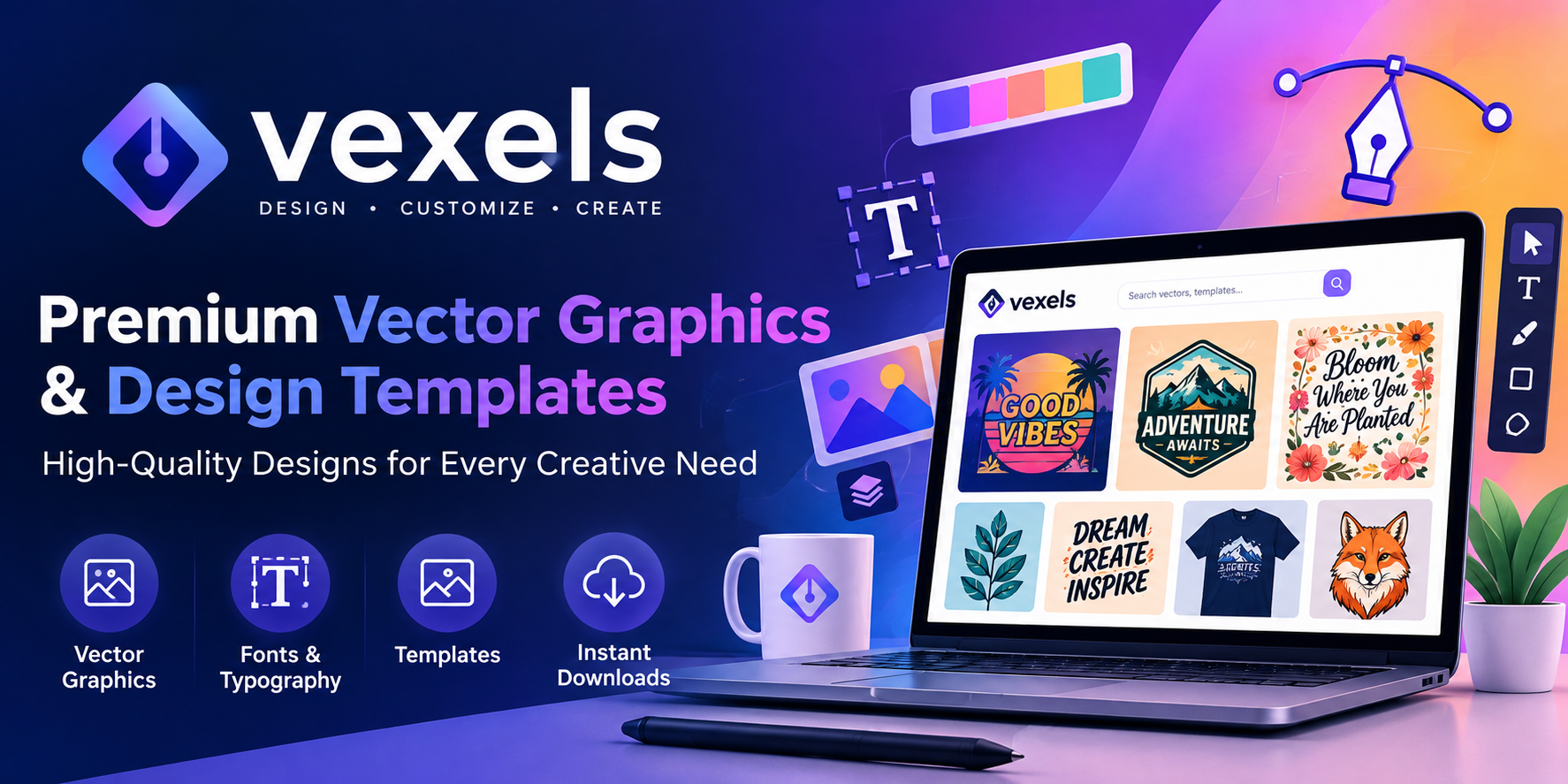 Vexels graphic design platform featuring templates, vectors, PNGs, PSD files, mockups, AI design tools, and print-on-demand resources.