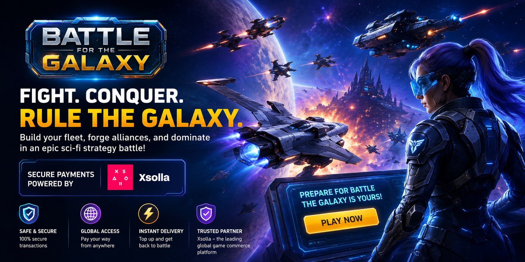 Battle for the Galaxy online strategy game featuring futuristic armies, base building, PvP battles, corporations, and Xsolla-supported in-game purchases.