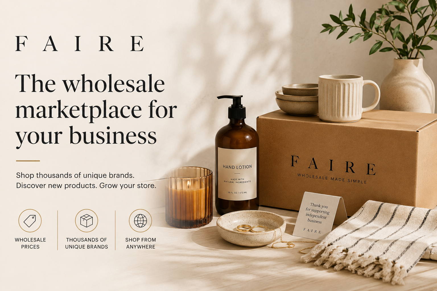 Faire online wholesale marketplace featuring products from independent brands across fashion, beauty, home, food, gifts, accessories, and lifestyle categories.