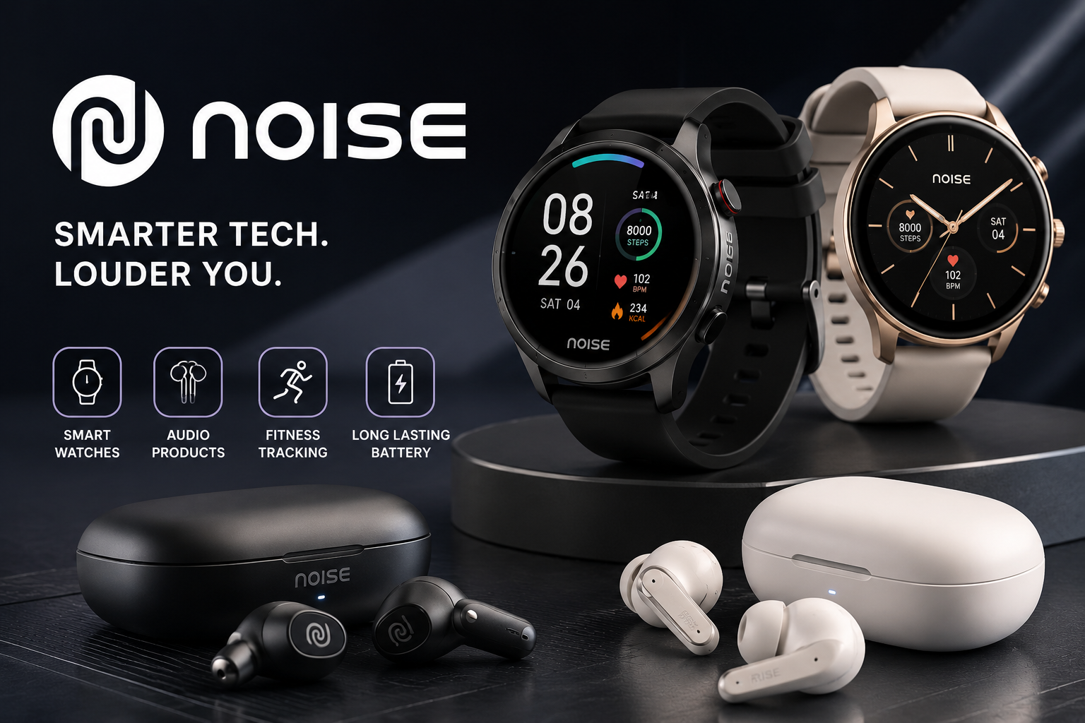 Noise online electronics store featuring smartwatches, wireless earbuds, headphones, speakers, power banks, and smart gadgets for everyday use.