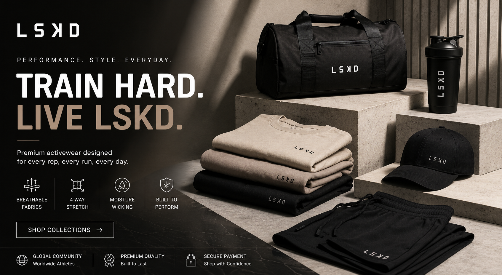 LSKD US premium activewear collection featuring performance leggings, gym shorts, sports bras, training apparel, athleisure clothing, and fitness accessories for men and women.