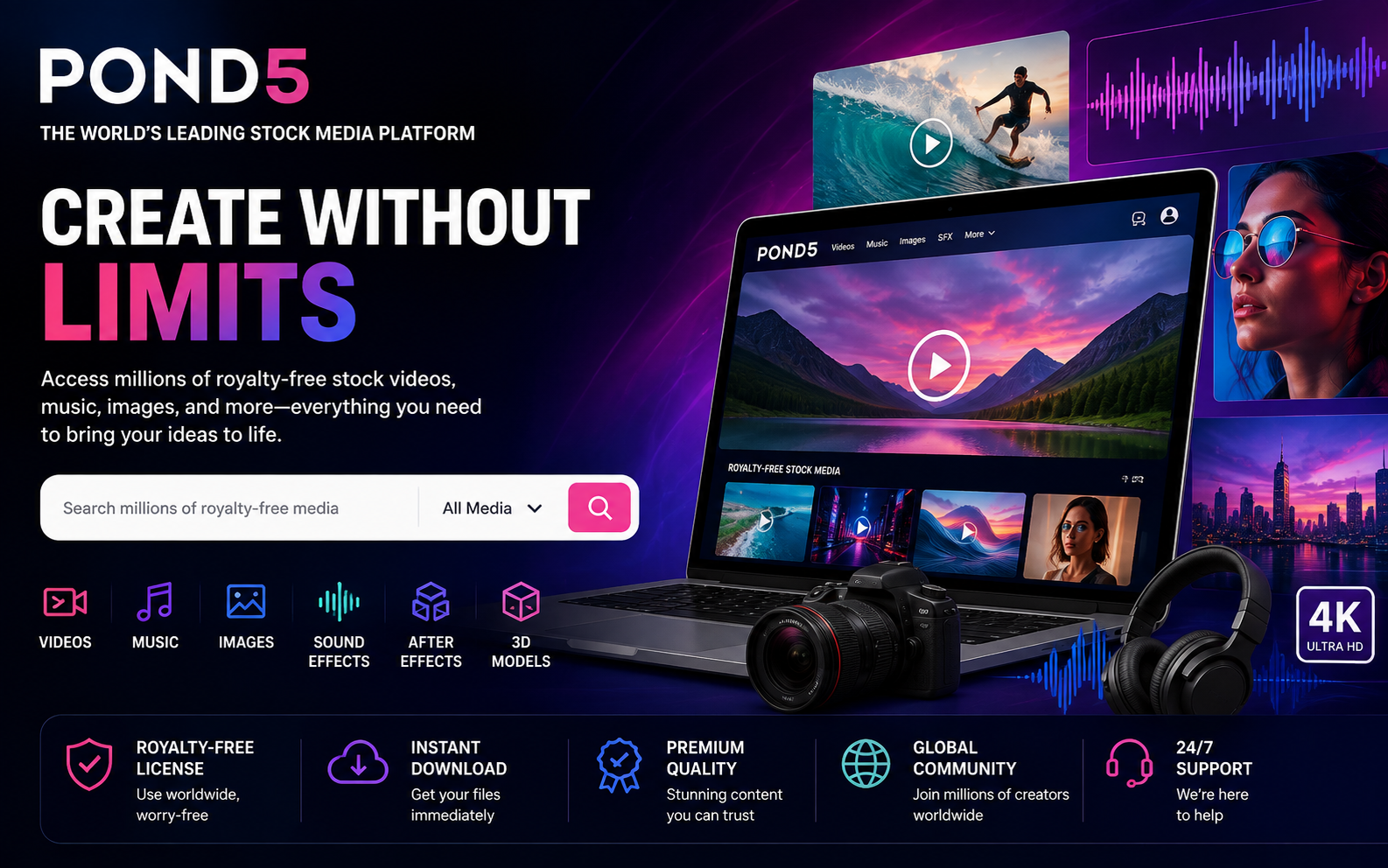 Pond5 stock media marketplace featuring royalty-free videos, music, sound effects, photos, illustrations, After Effects templates, and creative digital assets.