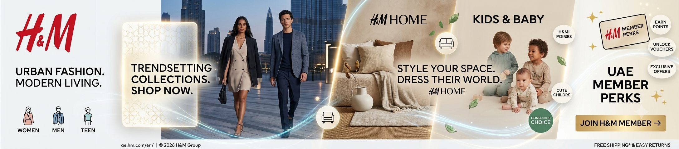 H&M Home interior decor, baby & kids wear, sustainable Conscious collection, and H&M Member rewards perks.