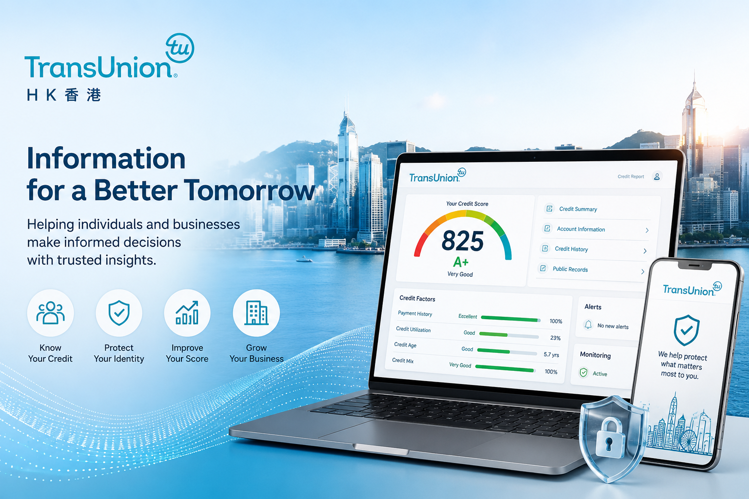 TransUnion Hong Kong credit services platform featuring credit reports, credit scores, credit monitoring, identity protection, fraud alerts, and personal financial management tools.