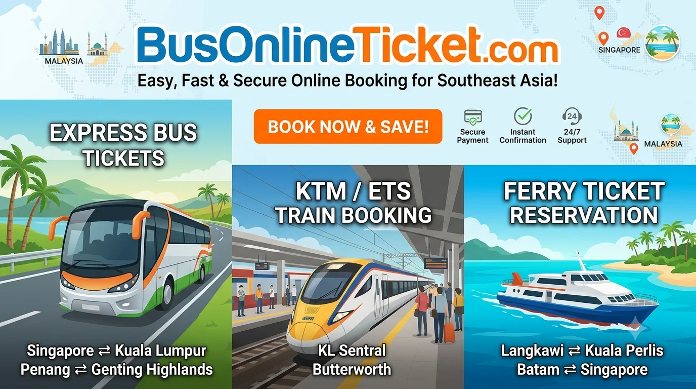 Secure your express bus, train, and ferry tickets across Malaysia and Singapore quickly.