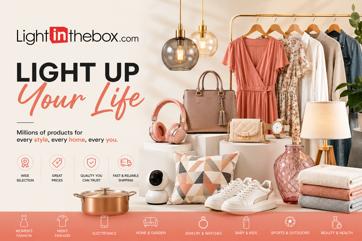 LightInTheBox global online shopping platform featuring fashion, wedding dresses, home décor, electronics, beauty products, accessories, and lifestyle essentials with worldwide delivery.