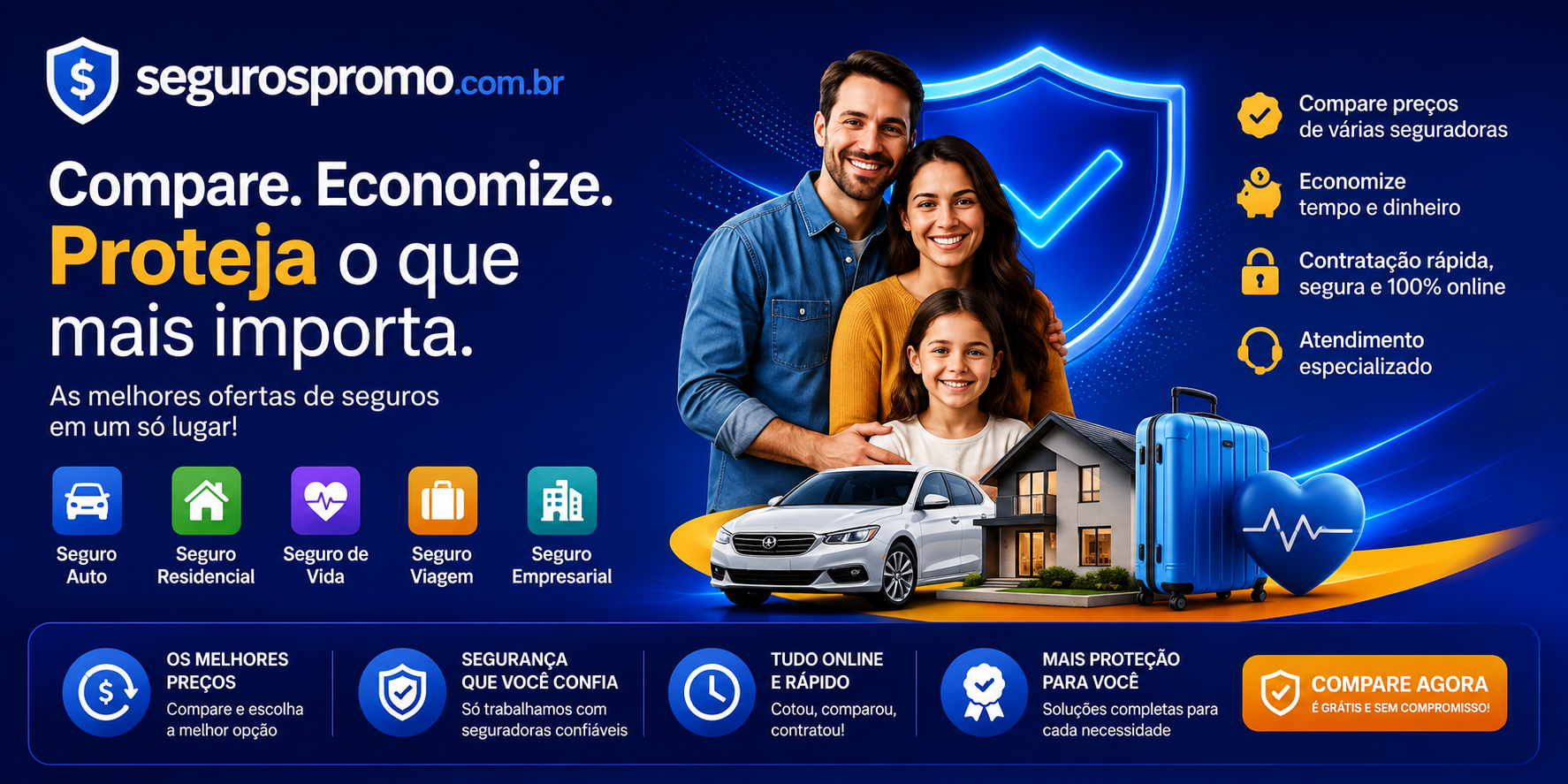 Seguros Promo travel insurance comparison platform featuring international and domestic travel insurance, cruise coverage, exchange plans, sports coverage, and travel protection.