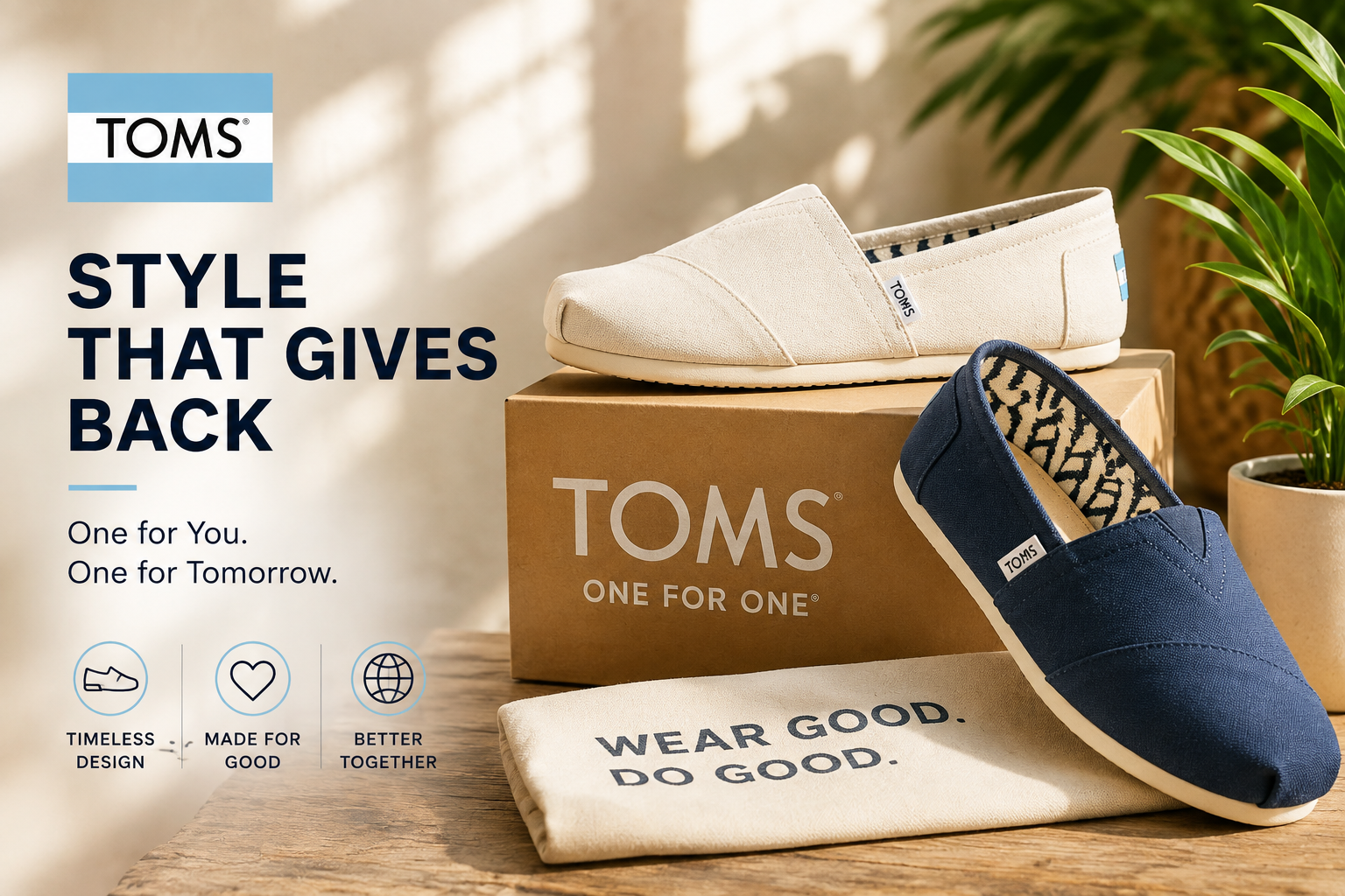 TOMS online footwear store featuring Alpargatas, sneakers, sandals, boots, slip-on shoes, apparel, and accessories for men, women, and kids