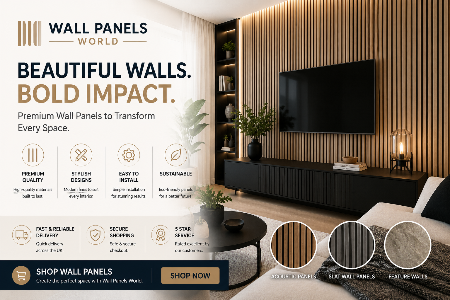Wall Panels World collection featuring acoustic wall panels, MDF wall panelling kits, PVC bathroom panels, shower panels, slat wall panels, and premium interior wall solutions for home renovation.