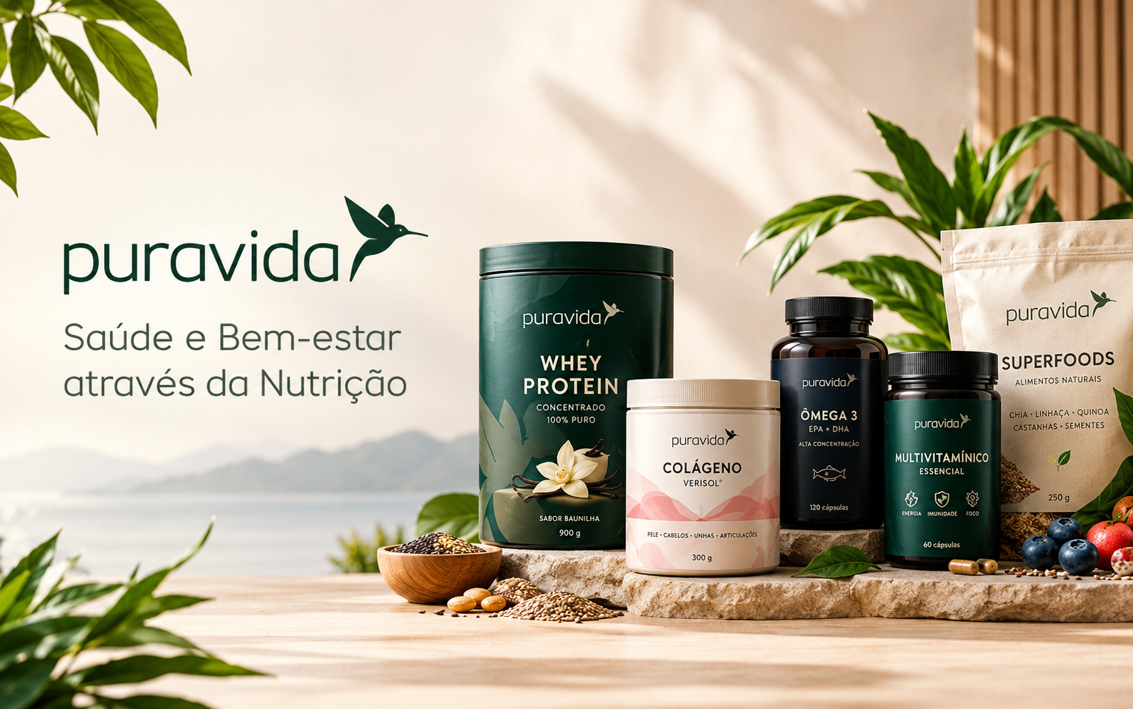 Official Puravida store displaying a catalog of natural health supplements, protein powders, collagen, and premium vitamins.