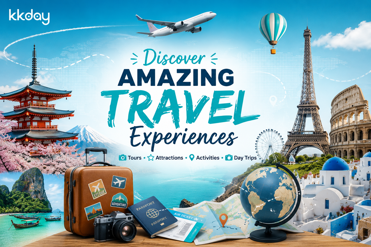 KKday travel booking platform featuring tours, attraction tickets, airport transfers, rail passes, travel experiences, eSIMs, and vacation activities across destinations worldwide.