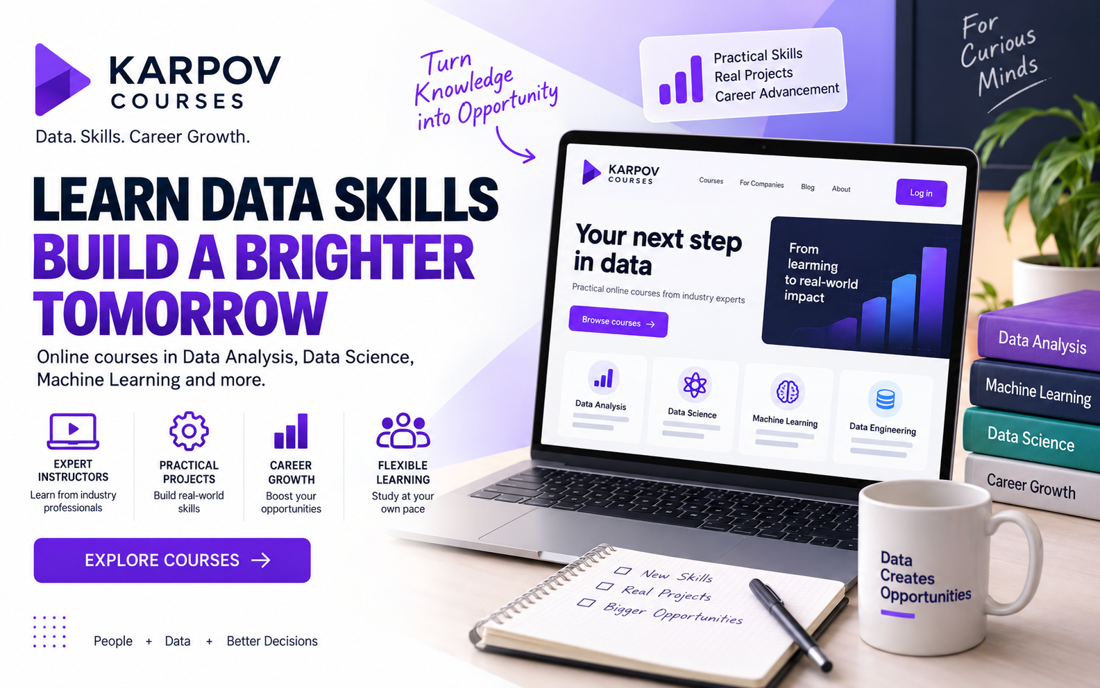 Karpov.Courses online education platform featuring Data Science, data analytics, machine learning, programming, Python, AI, and data engineering courses.