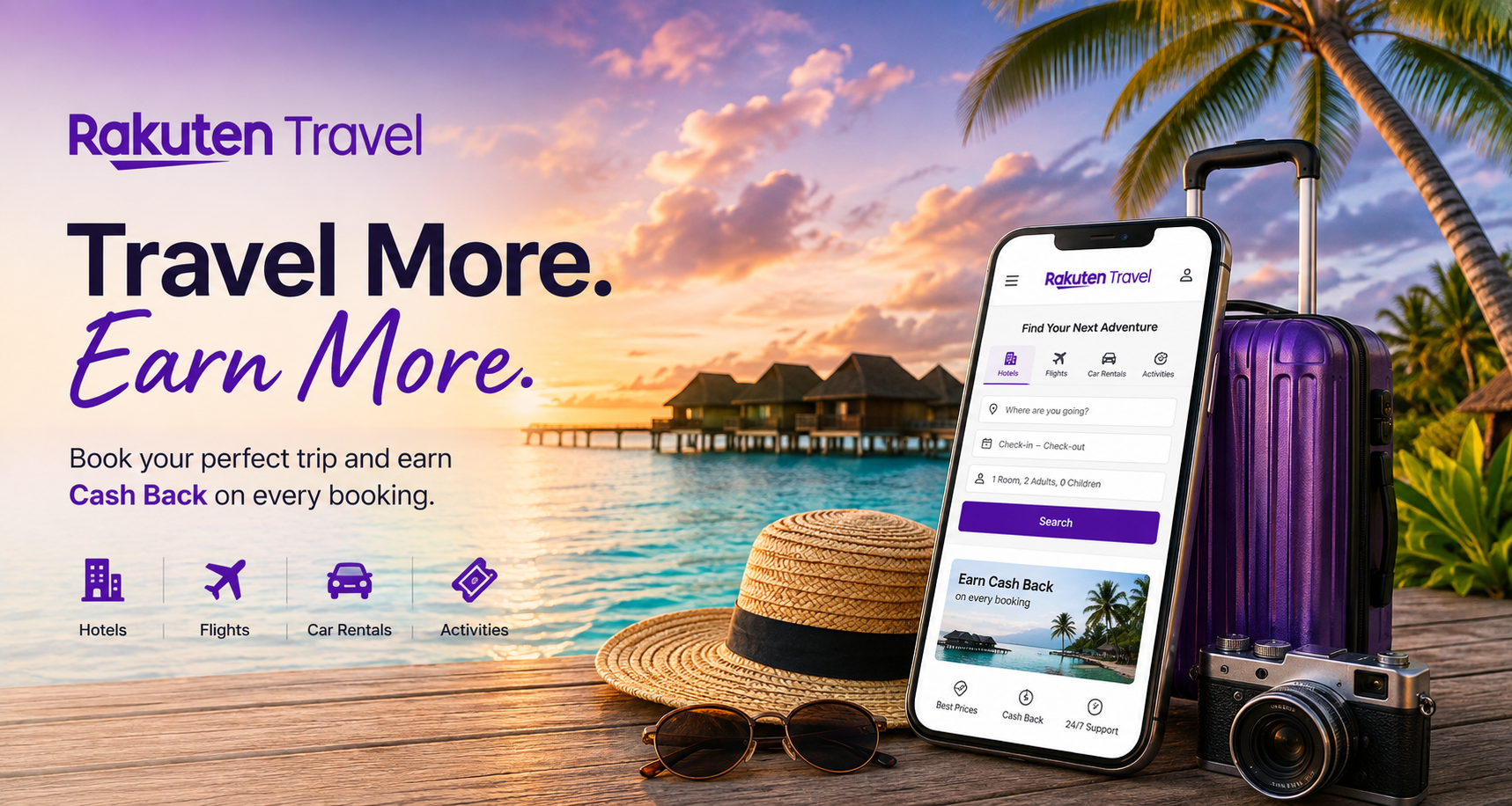 Rakuten Travel online booking platform featuring hotels, Japanese ryokans, accommodations, car rentals, tours, activities, and travel experiences in Japan and worldwide.