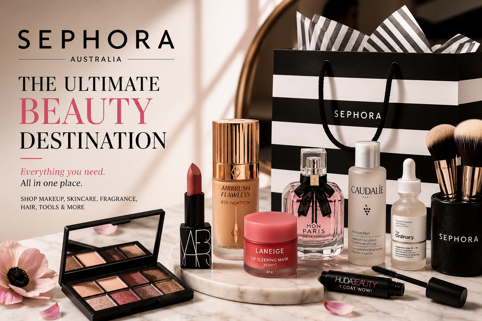 Sephora Australia online beauty store featuring makeup, skincare, fragrance, hair care, bath and body products, beauty tools, gifts, and leading beauty brands.