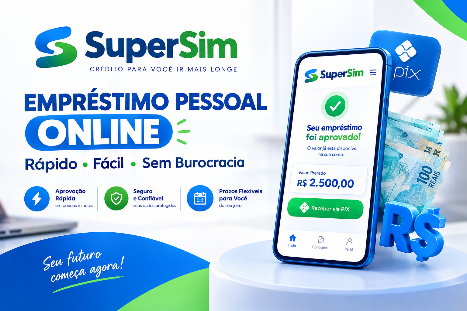 Plataforma oficial da SuperSim para simulação e solicitação de empréstimo pessoal online rápido com liberação via Pix.