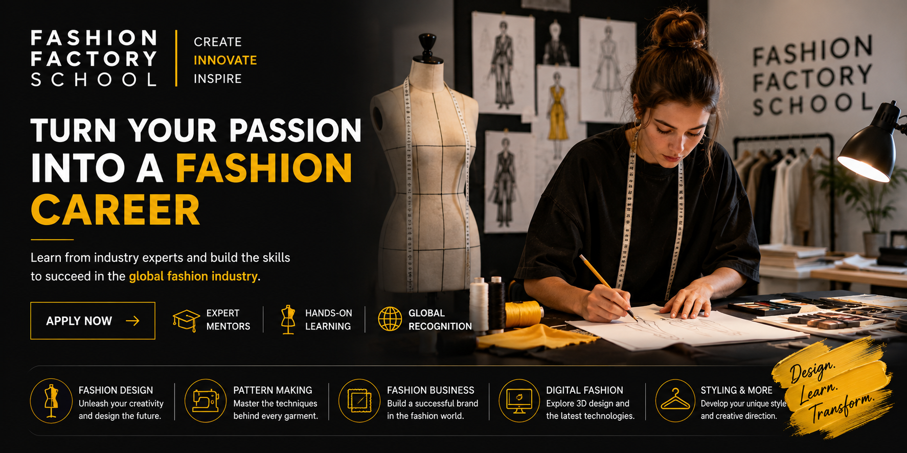 Fashion Factory School online fashion education featuring courses in fashion design, styling, brand management, production, SMM, marketing, and fashion business.