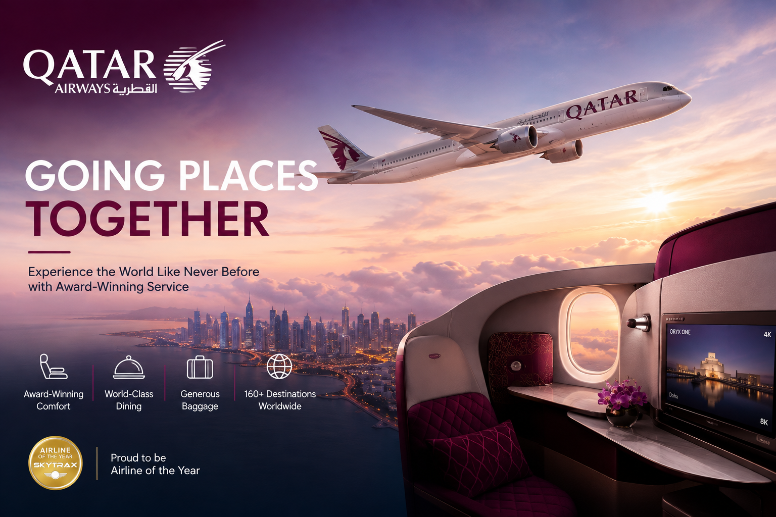 Qatar Airways travel booking platform featuring international flights, holiday packages, hotels, Qatar stopovers, travel experiences, and Privilege Club rewards.