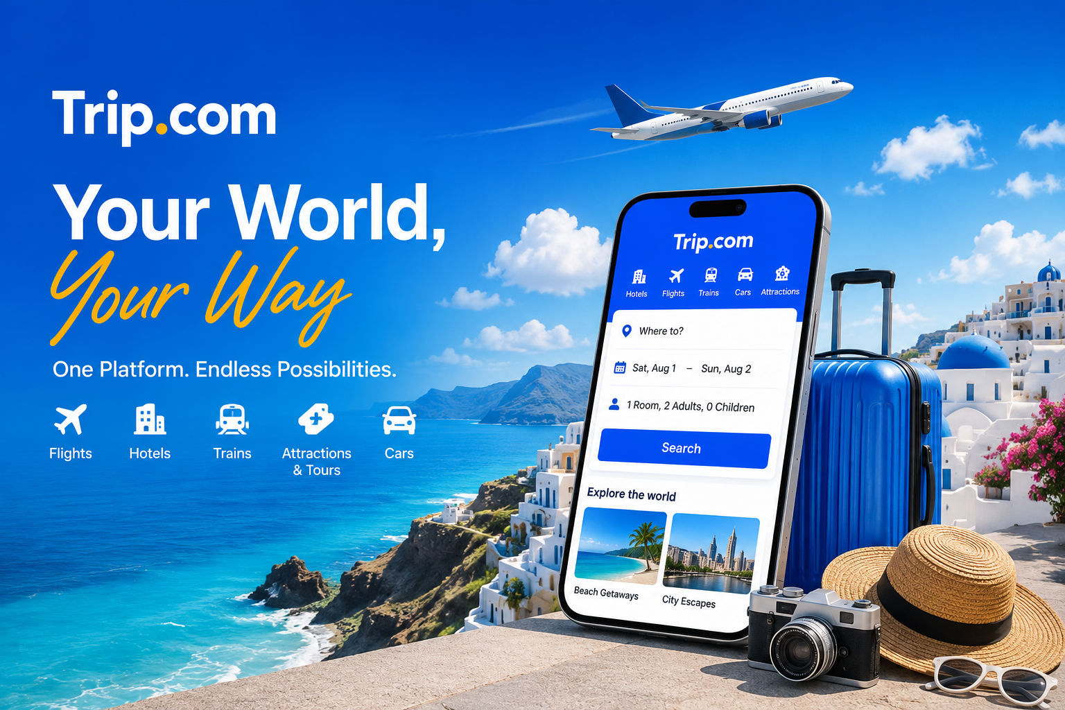 Trip.com online travel booking platform featuring flights, hotels, train tickets, car rentals, airport transfers, tours, attractions, and vacation packages for destinations worldwide.