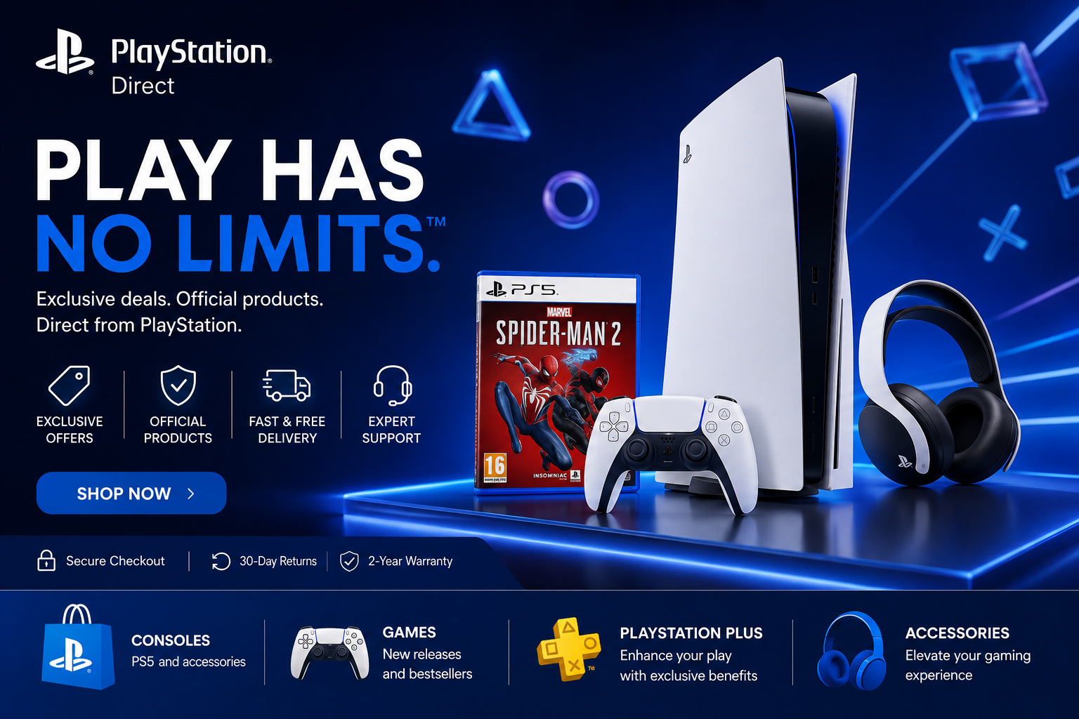 PlayStation Direct official online store featuring PS5 consoles, PlayStation games, DualSense controllers, PS VR2, PlayStation Portal, headsets, storage, and gaming accessories